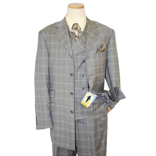 Steve Harvey Collection Grey/Tan Window Super 120's Merino Wool Vested Suit